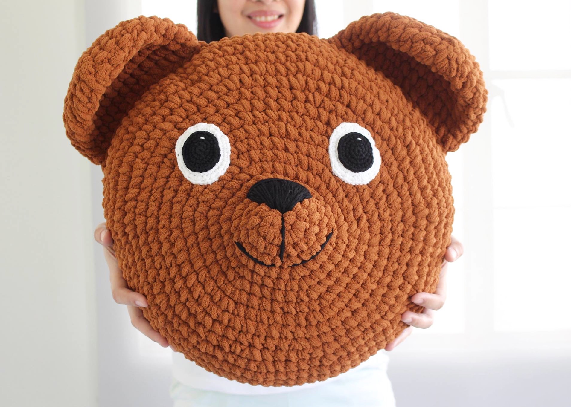 Knit brown cream bear  pillow,crochet decorative bear pillow case,game room chunky bear pillow,nursery decorative cushions,kids birthday gif